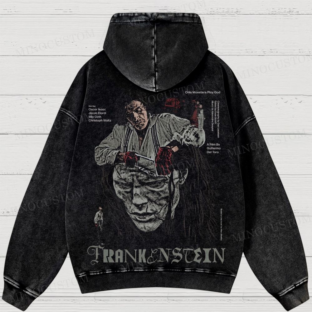 Frankenstein (Guillermo del Toro’s Version) Gothic Horror Retro Collage Graphic  Washed Hoodies 