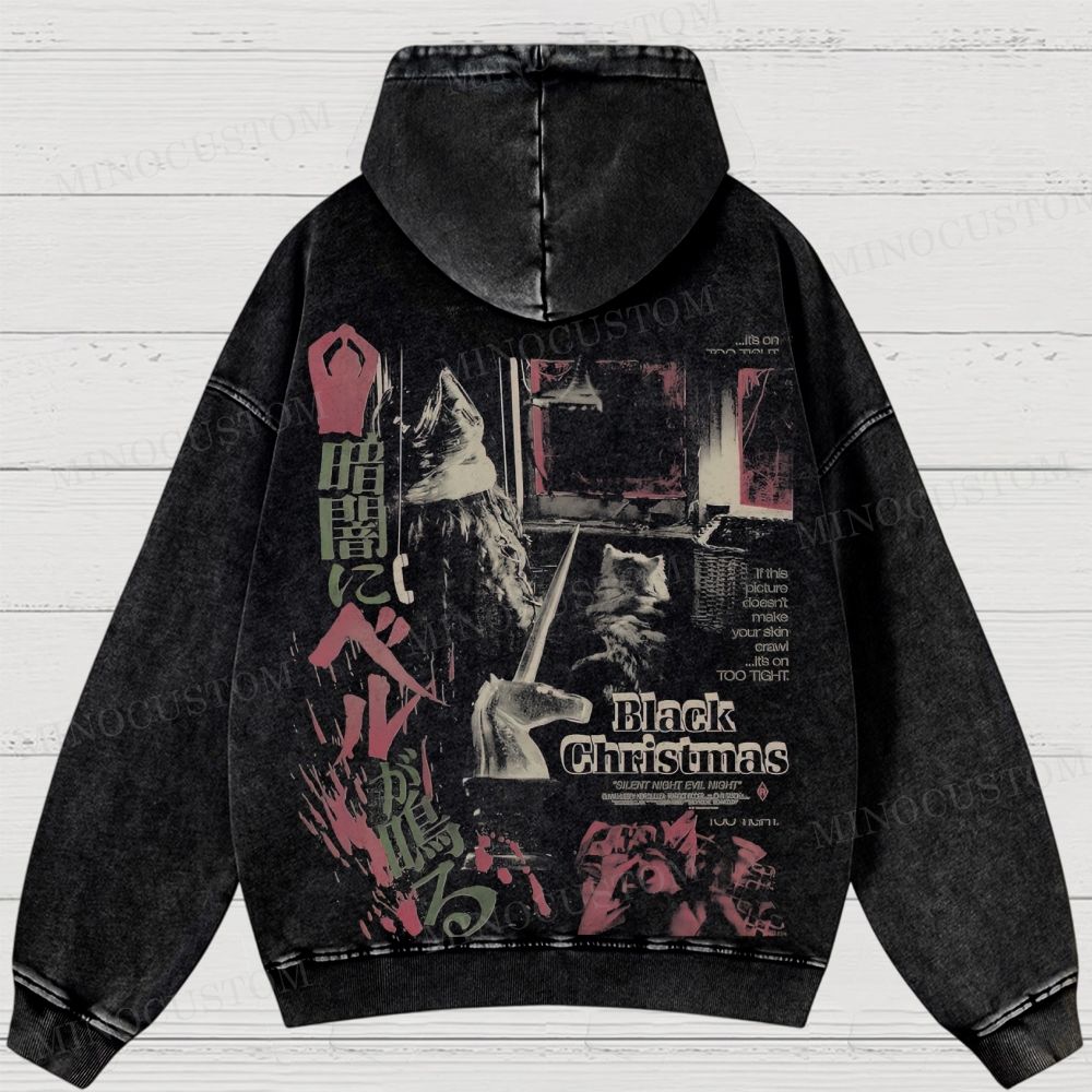 Black Christmas Holiday Slasher Retro Collage Graphic Washed Hoodies