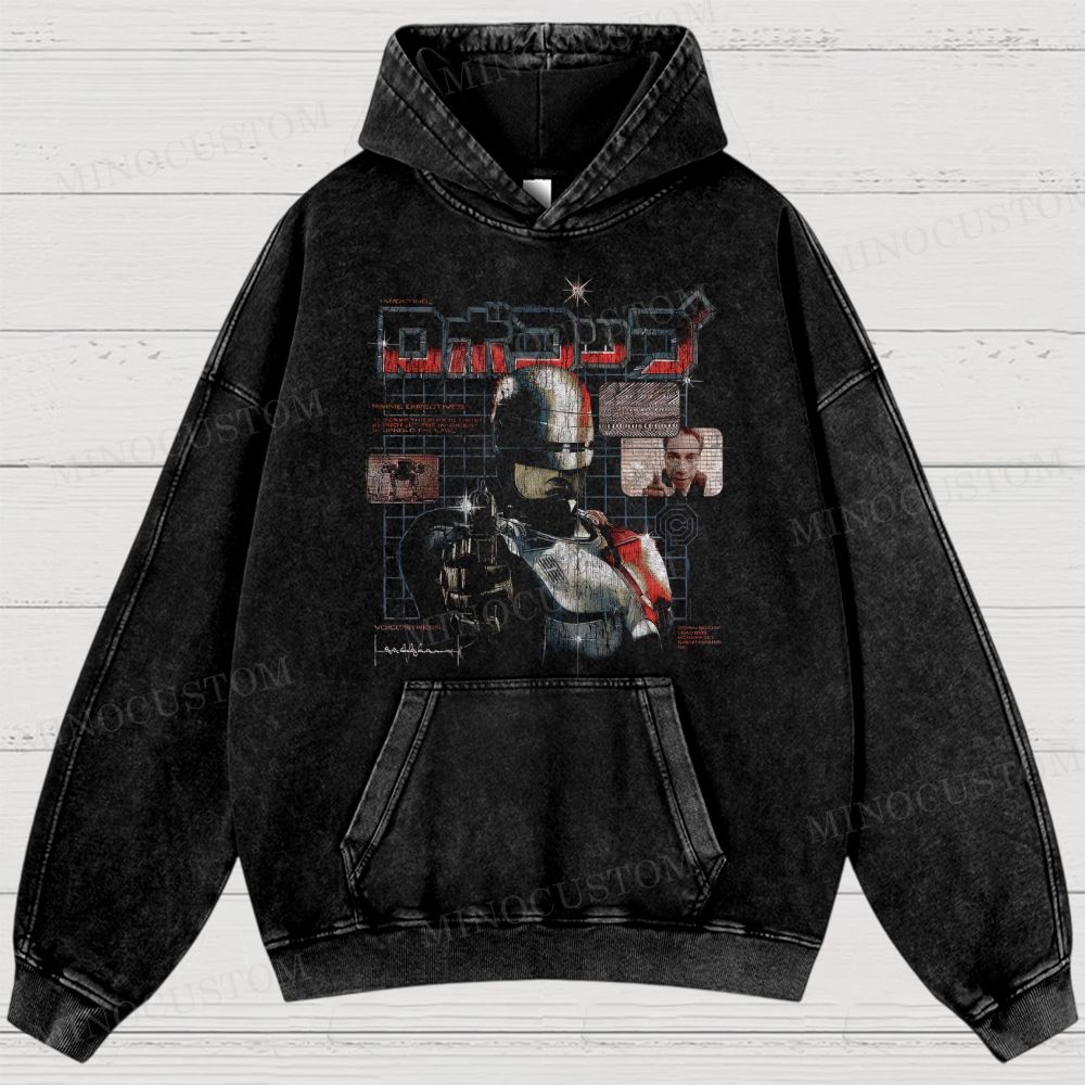 RoboCop Sci-Fi Action Retro Collage Graphic Washed Hoodies