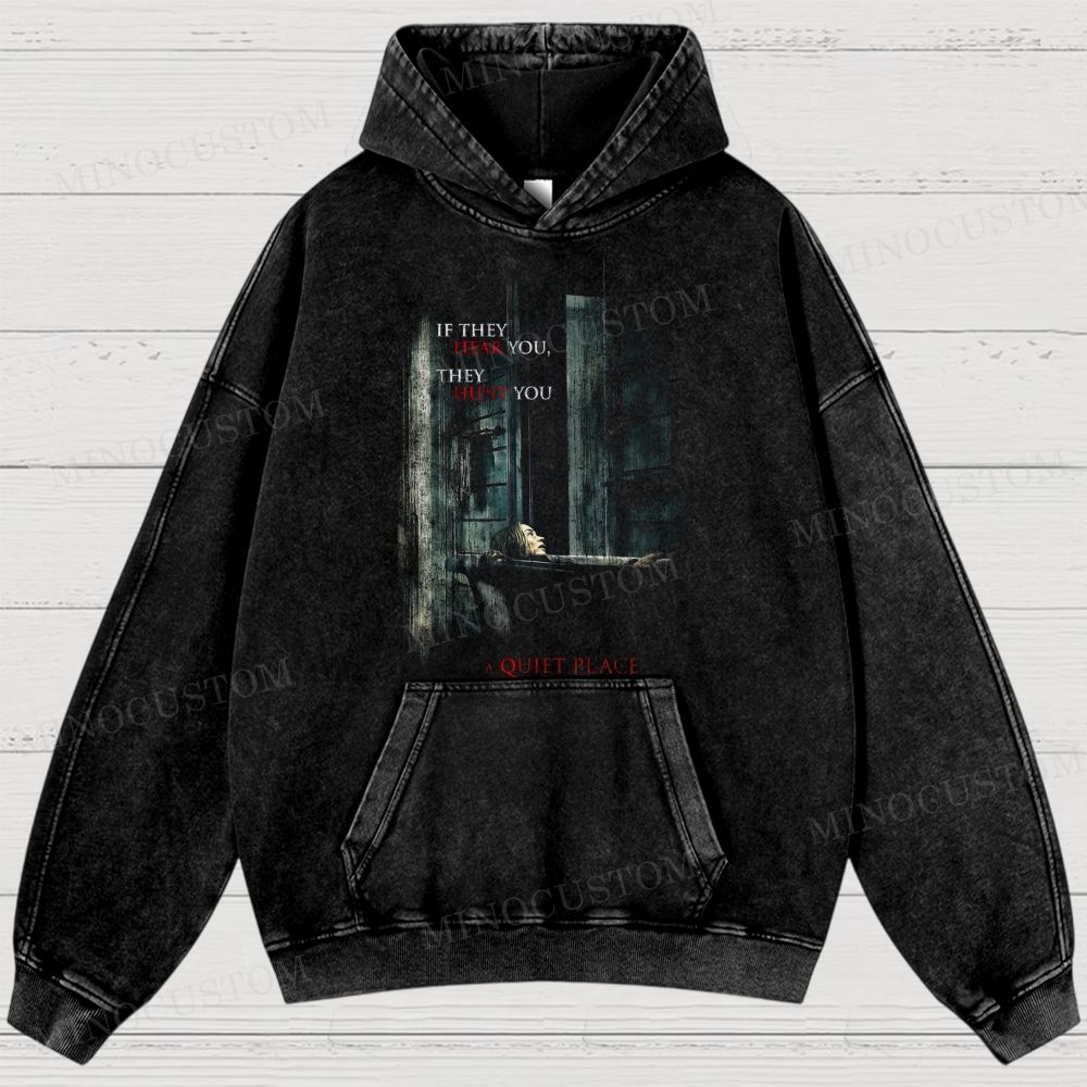 A Quiet Place Post-Apocalyptic Horror Retro Quote & Scene Graphic Washed Hoodies 
