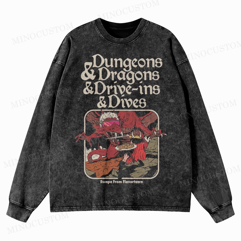 Dungeon Dragon Dive ins and Dives  Washed Long-Sleeved T-Shirt 