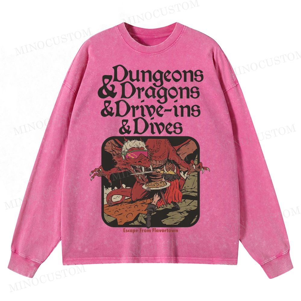 Dungeon Dragon Dive ins and Dives  Washed Long-Sleeved T-Shirt 