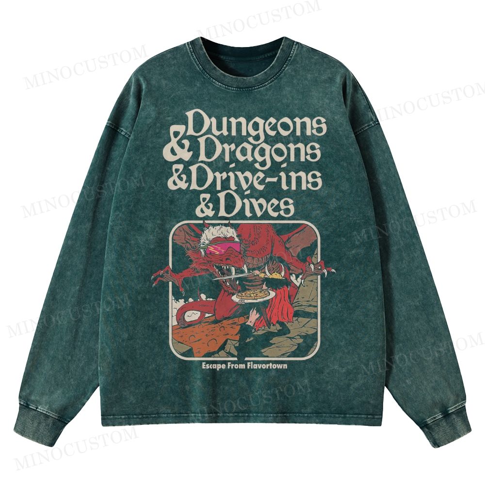 Dungeon Dragon Dive ins and Dives  Washed Long-Sleeved T-Shirt 