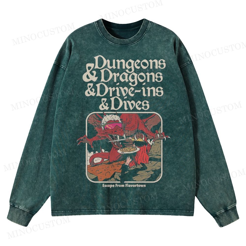 Dungeon Dragon Dive ins and Dives  Washed Long-Sleeved T-Shirt 