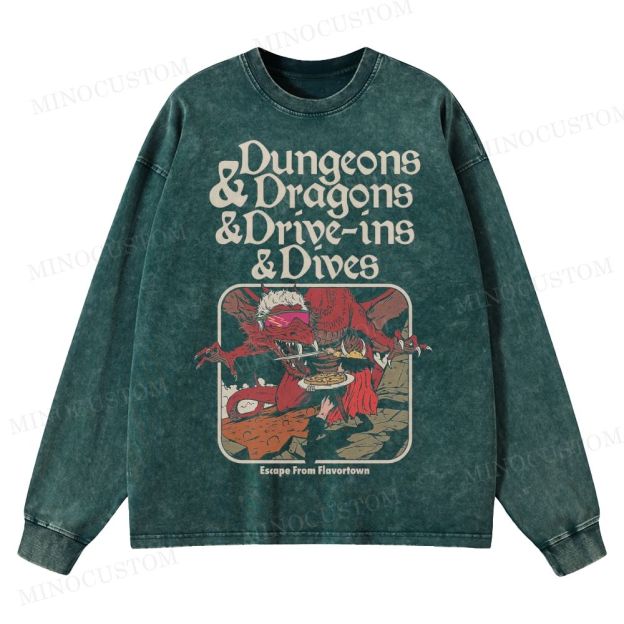 Dungeon Dragon Dive ins and Dives  Washed Long-Sleeved T-Shirt 