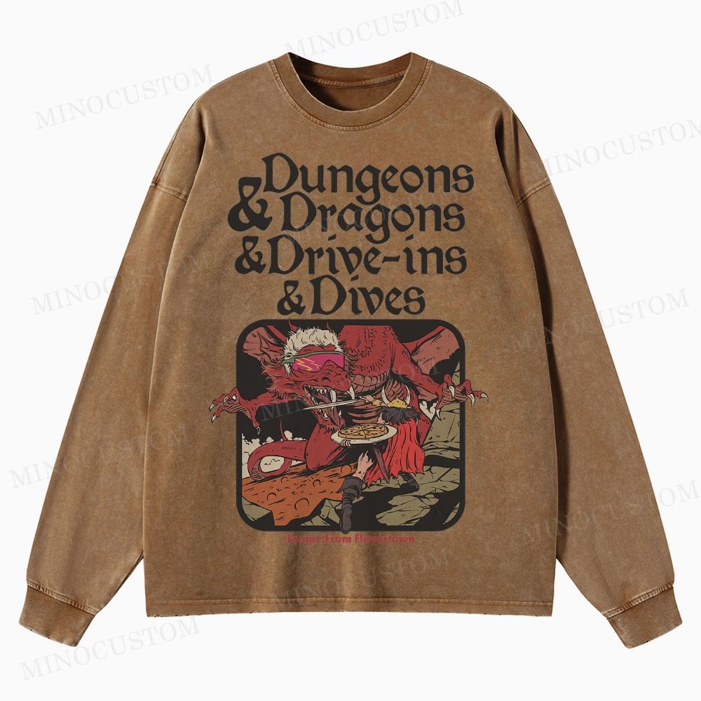 Dungeon Dragon Dive ins and Dives  Washed Long-Sleeved T-Shirt 
