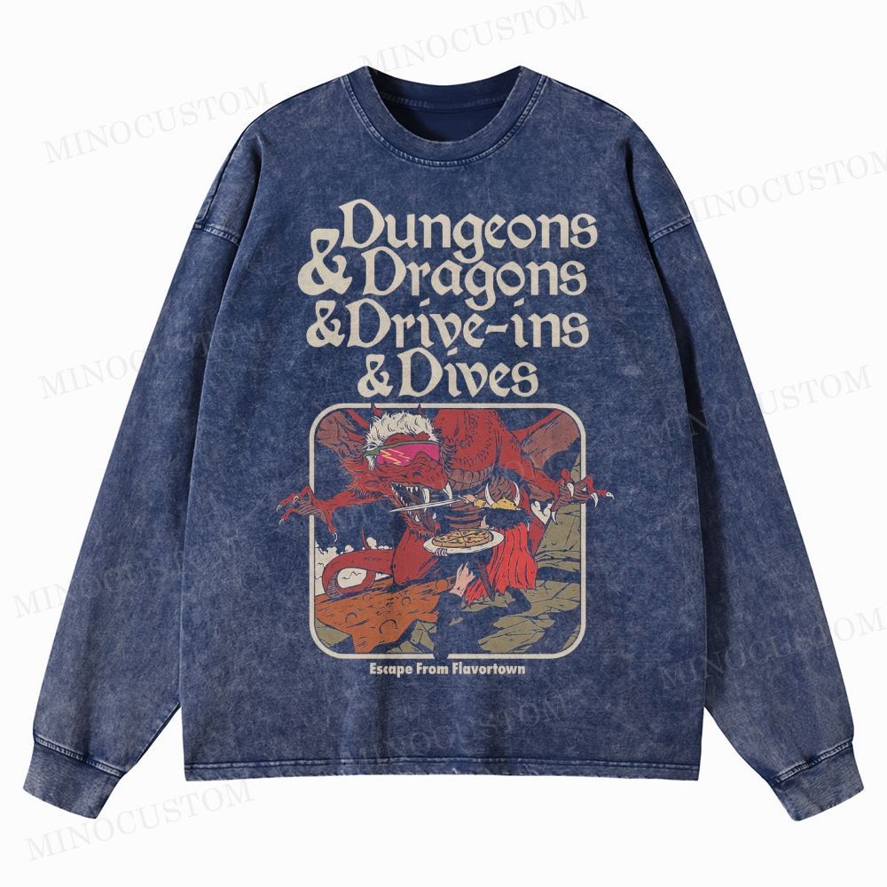 Dungeon Dragon Dive ins and Dives  Washed Long-Sleeved T-Shirt 
