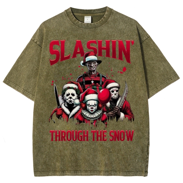 Horror Characters Christmas  Washed T-Shirt 