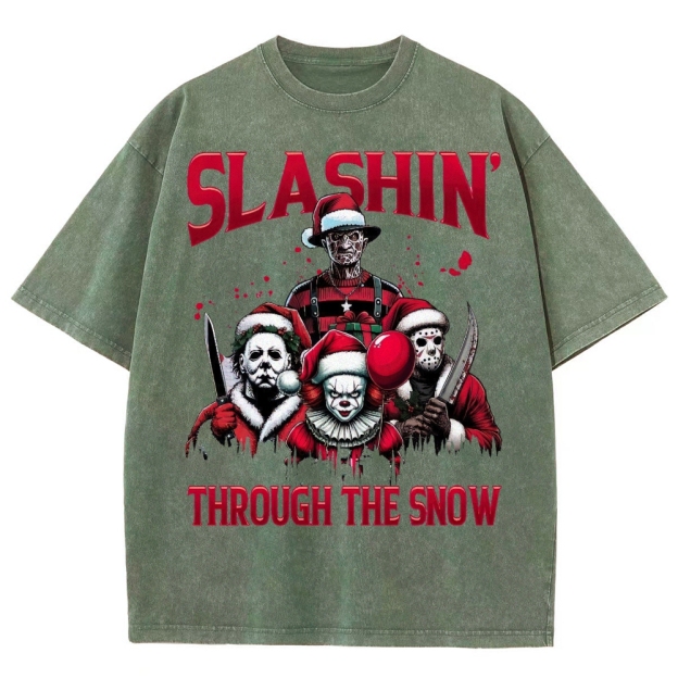 Horror Characters Christmas  Washed T-Shirt 