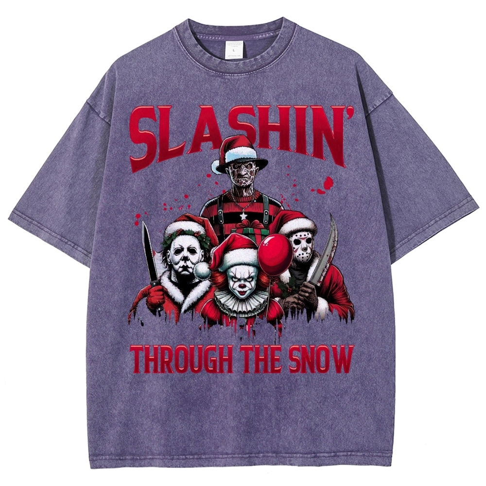 Horror Characters Christmas  Washed T-Shirt 