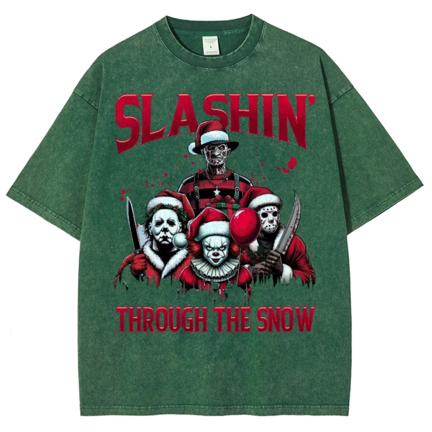 Horror Characters Christmas  Washed T-Shirt 