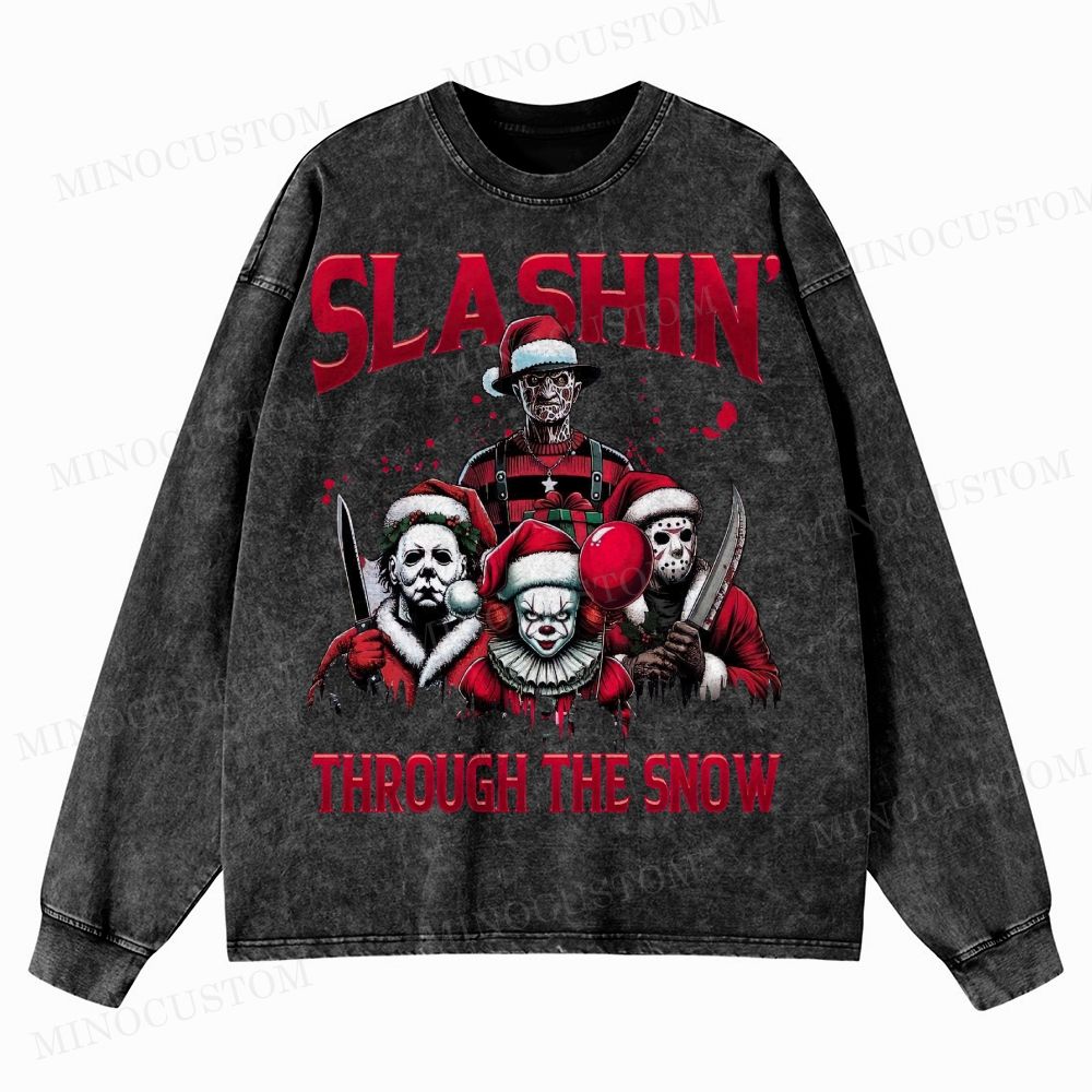Horror Characters Christmas Washed Long-Sleeved T-Shirt 
