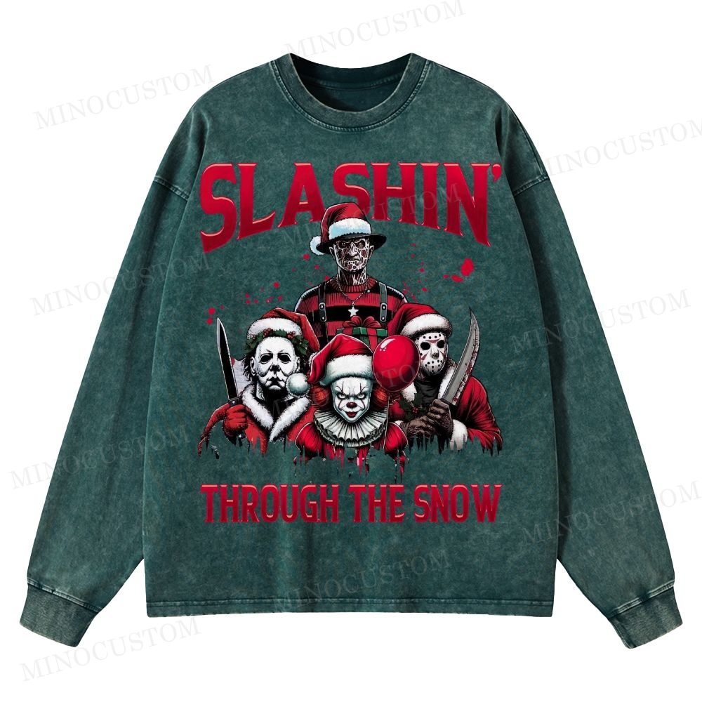 Horror Characters Christmas Washed Long-Sleeved T-Shirt 