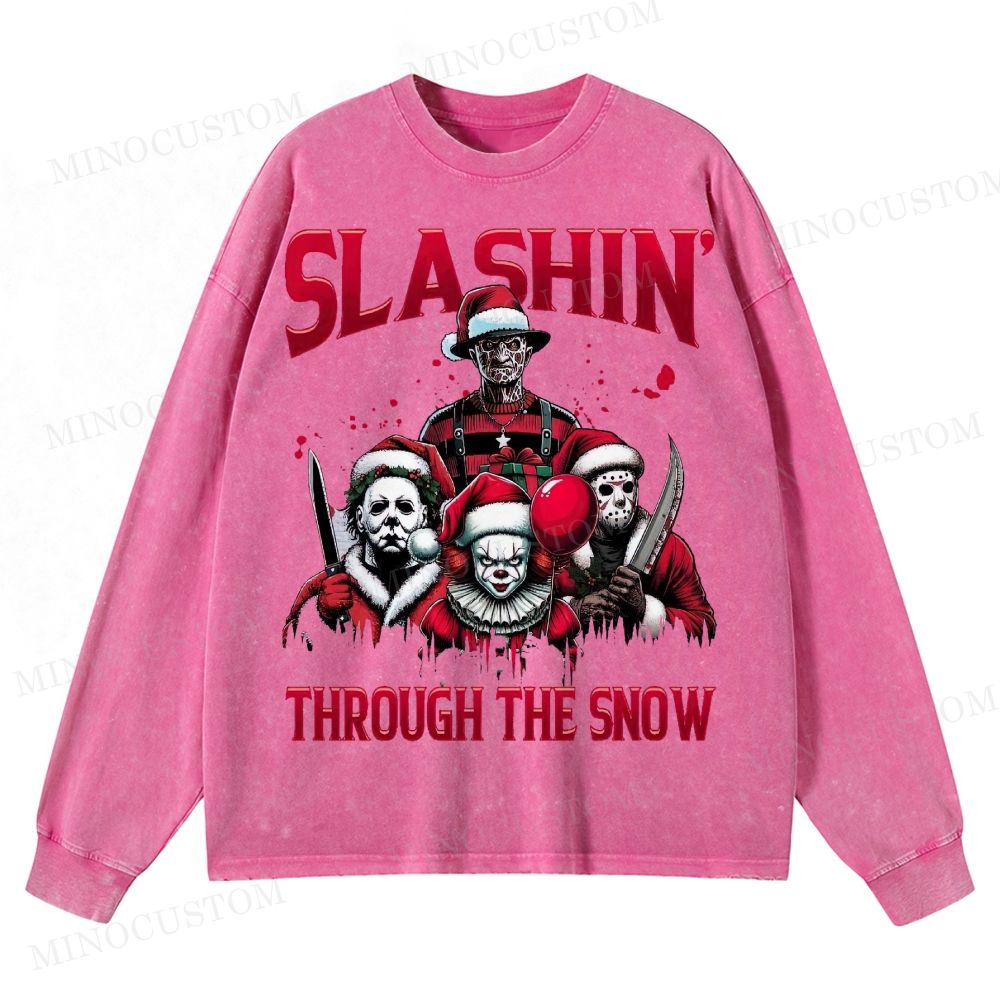 Horror Characters Christmas Washed Long-Sleeved T-Shirt 
