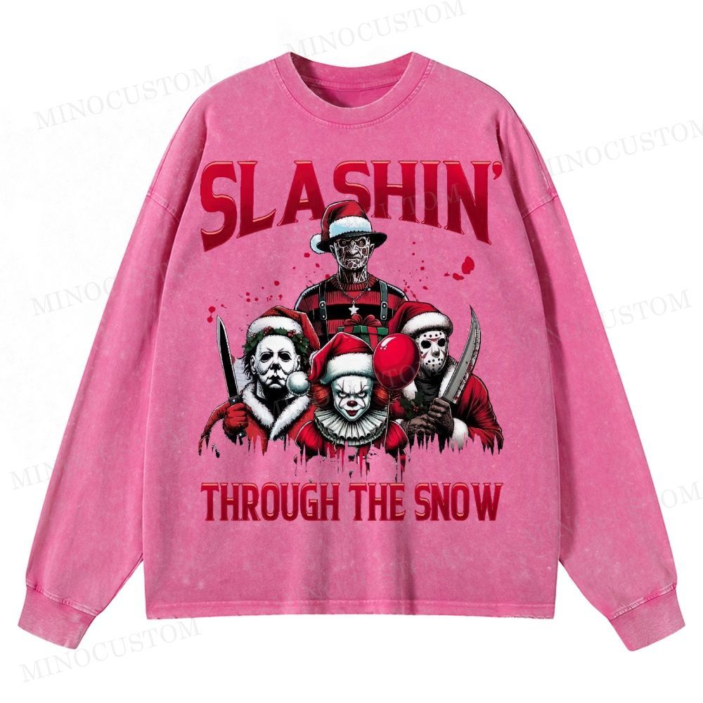 Horror Characters Christmas Washed Long-Sleeved T-Shirt