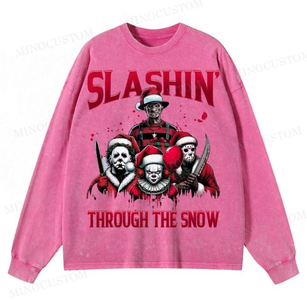 Horror Characters Christmas Washed Long-Sleeved T-Shirt 
