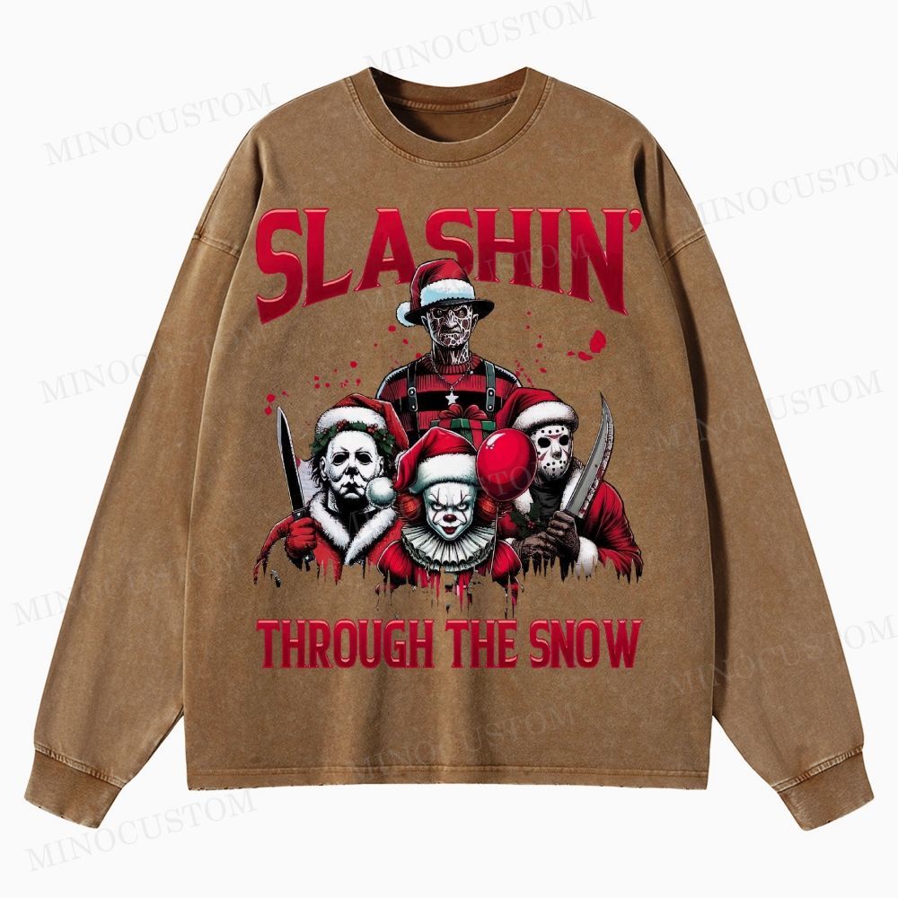 Horror Characters Christmas Washed Long-Sleeved T-Shirt 
