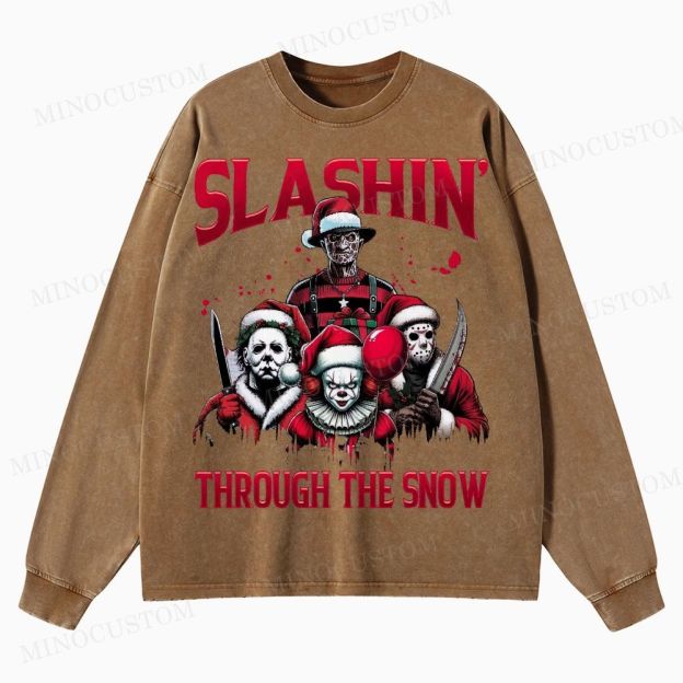 Horror Characters Christmas Washed Long-Sleeved T-Shirt 