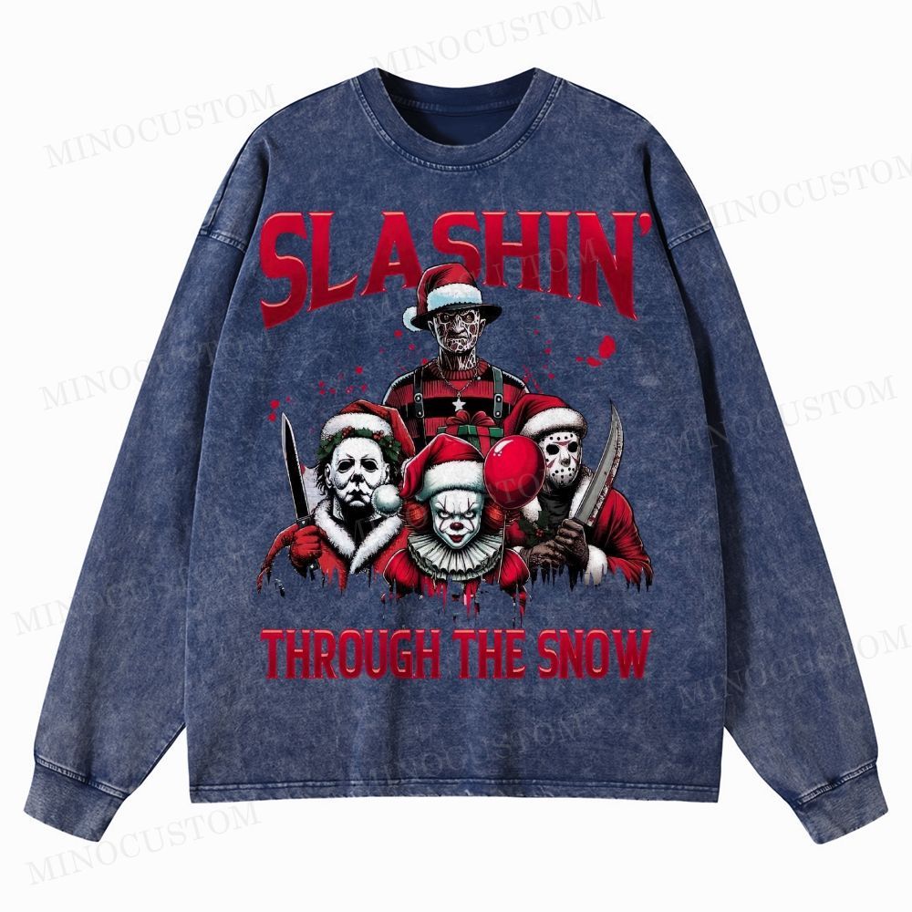 Horror Characters Christmas Washed Long-Sleeved T-Shirt 