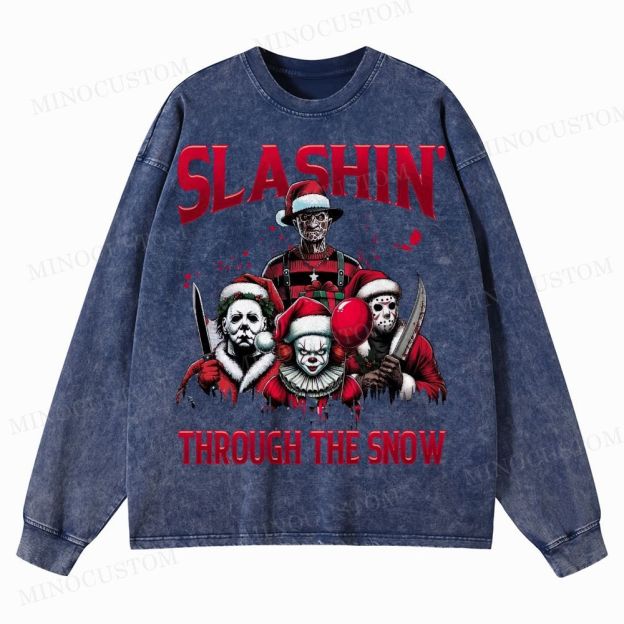 Horror Characters Christmas Washed Long-Sleeved T-Shirt 