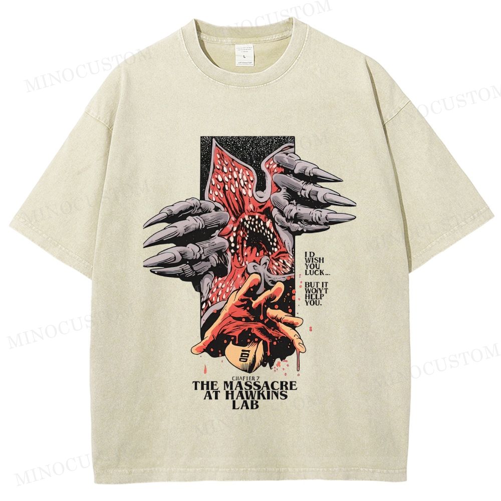 Stranger Things: The Massacre at Hawkins Lab Sci-Fi Horror Retro Art Graphic Washed T-Shirt