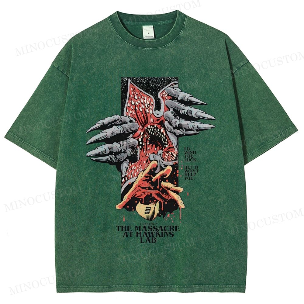 Stranger Things: The Massacre at Hawkins Lab Sci-Fi Horror Retro Art Graphic Washed T-Shirt