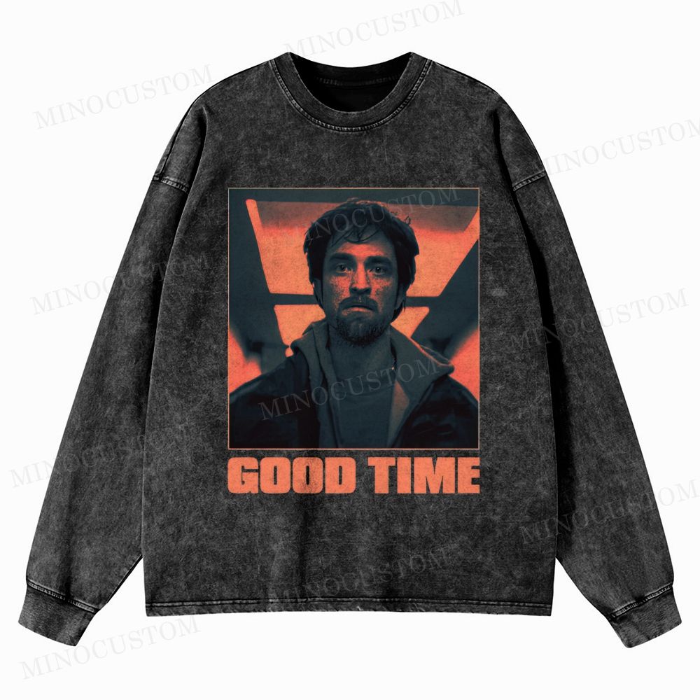 Good Time Crime Thriller Retro Portrait Graphic Washed Long-Sleeved T-Shirt 