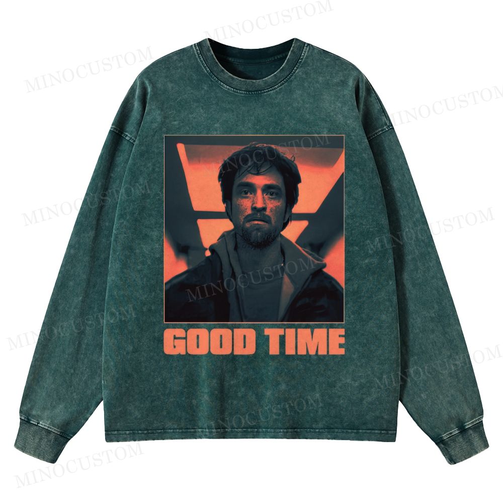 Good Time Crime Thriller Retro Portrait Graphic Washed Long-Sleeved T-Shirt 
