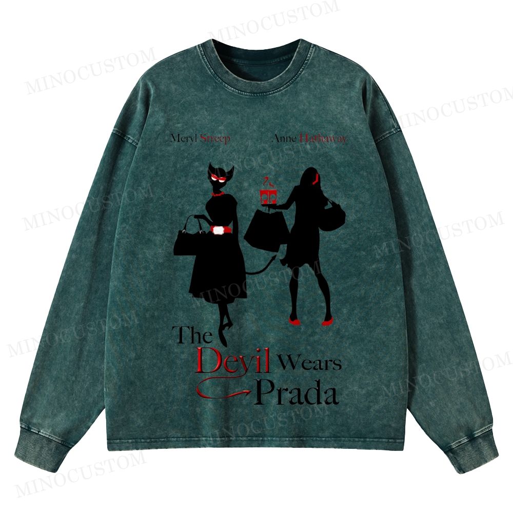The Devil Wears Prada Fashion Comedy Retro Silhouette Graphic Washed Long-Sleeved T-Shirt