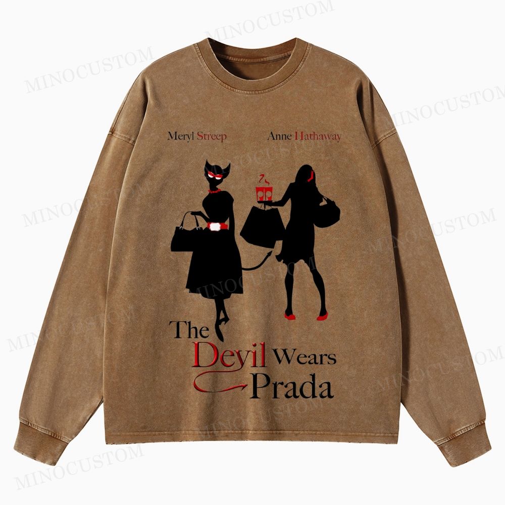 The Devil Wears Prada Fashion Comedy Retro Silhouette Graphic Washed Long-Sleeved T-Shirt