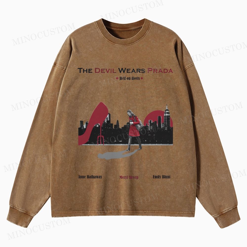 The Devil Wears Prada Fashion Comedy Retro Scene Graphic Washed Long-Sleeved T-Shirt
