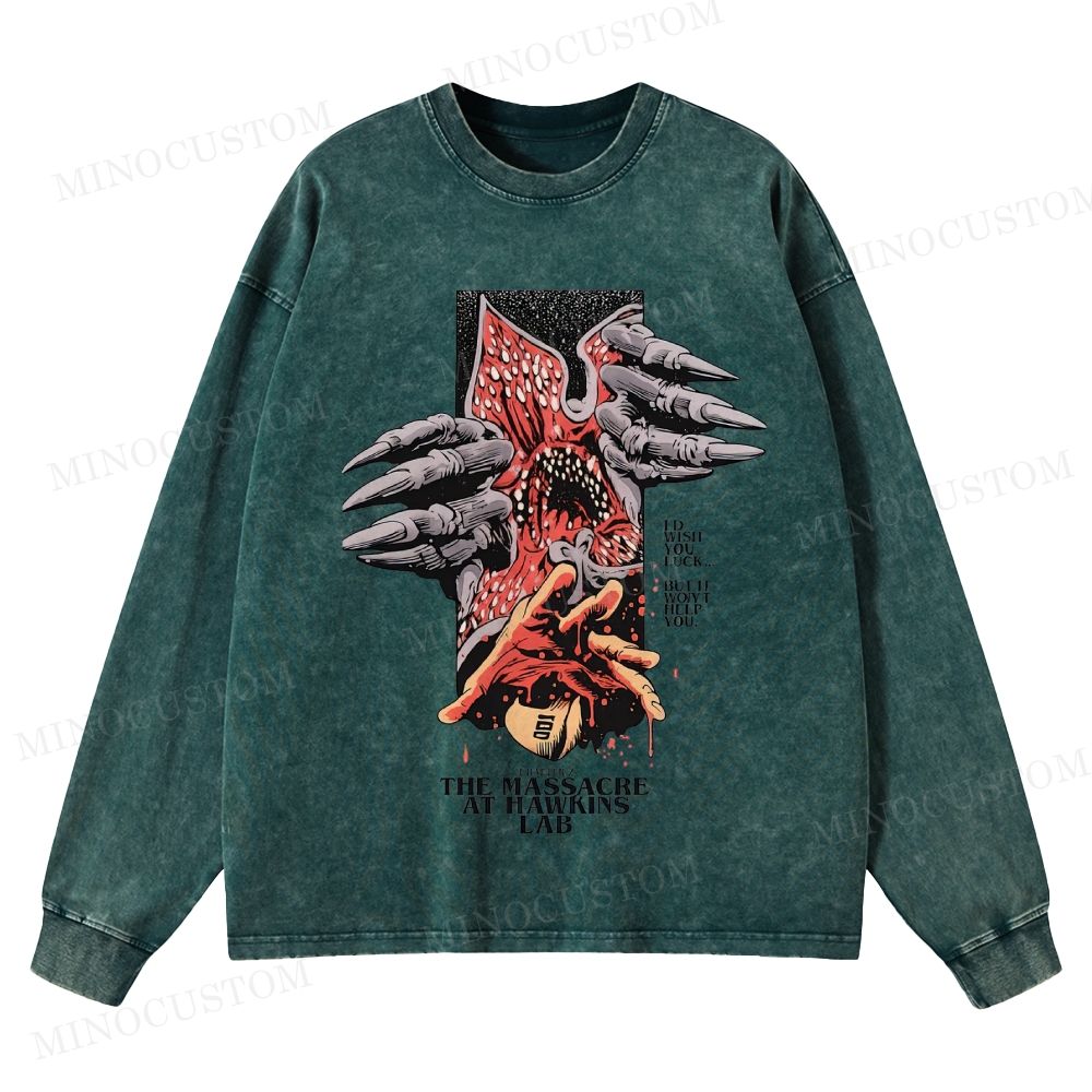 Stranger Things: The Massacre at Hawkins Lab Sci-Fi Horror Retro Art Graphic Washed Long-Sleeved T-Shirt