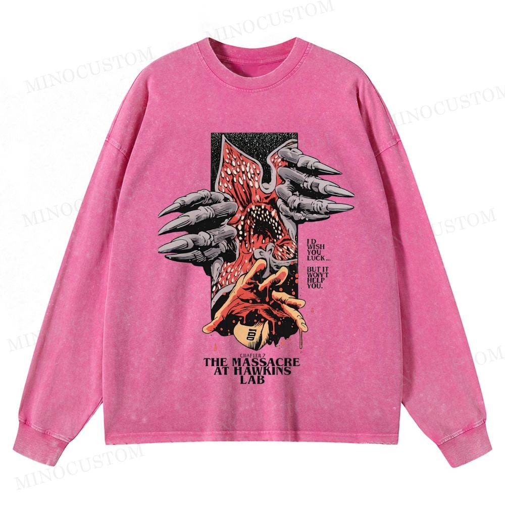 Stranger Things: The Massacre at Hawkins Lab Sci-Fi Horror Retro Art Graphic Washed Long-Sleeved T-Shirt