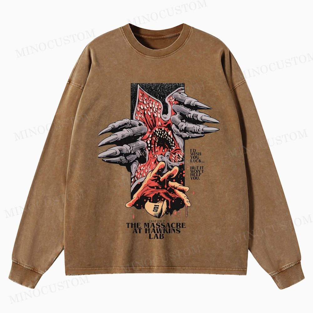 Stranger Things: The Massacre at Hawkins Lab Sci-Fi Horror Retro Art Graphic Washed Long-Sleeved T-Shirt