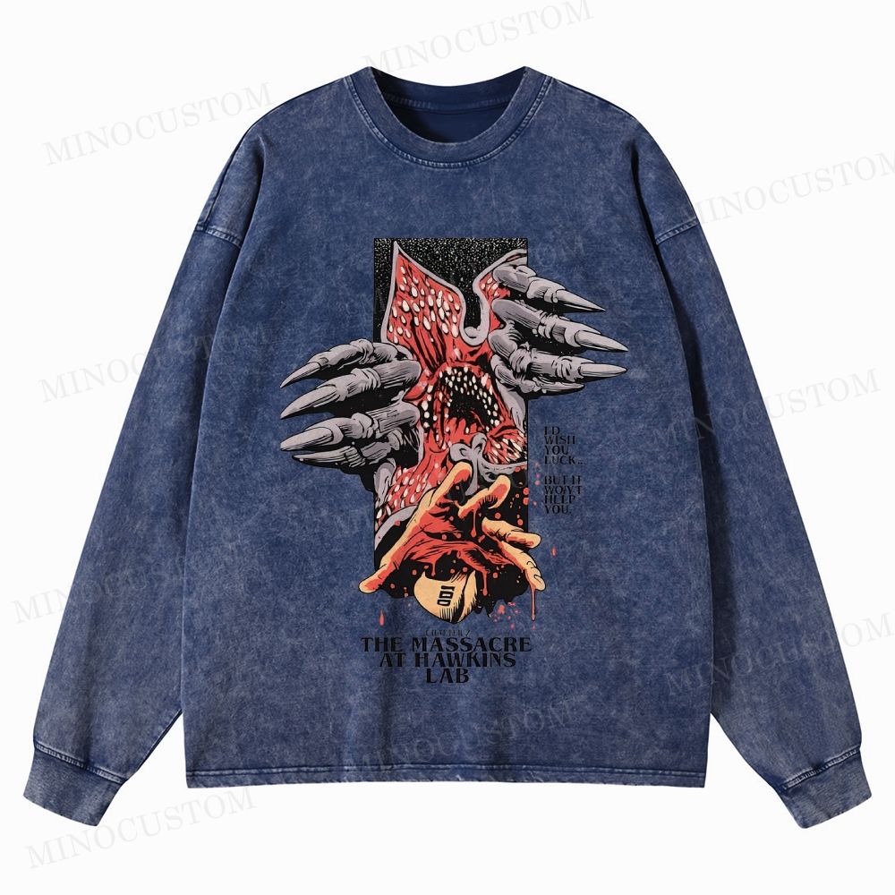 Stranger Things: The Massacre at Hawkins Lab Sci-Fi Horror Retro Art Graphic Washed Long-Sleeved T-Shirt