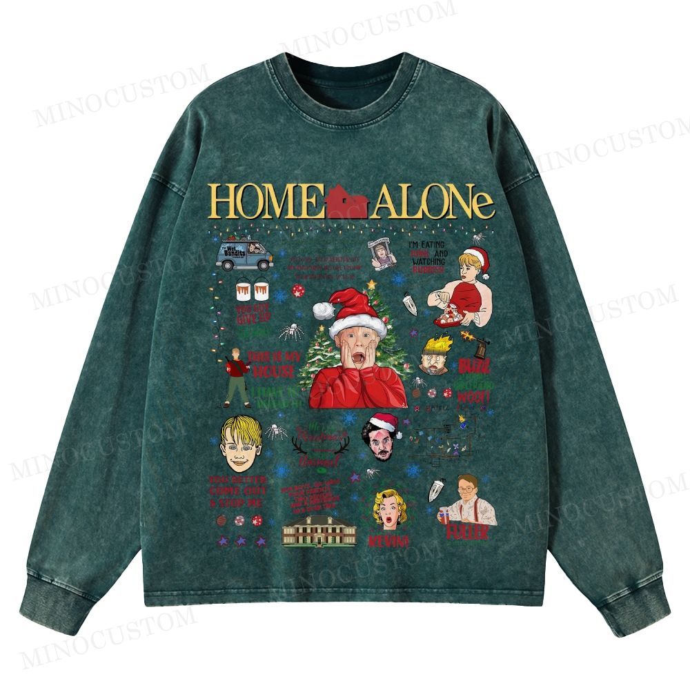 Home Alone Family Comedy Retro Collage Graphic Washed Long-Sleeved T-Shirt