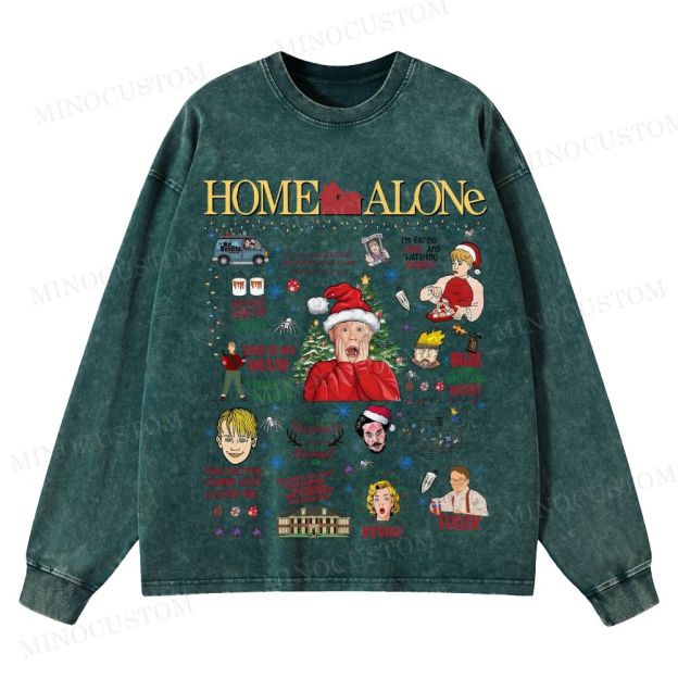 Home Alone Family Comedy Retro Collage Graphic Washed Long-Sleeved T-Shirt