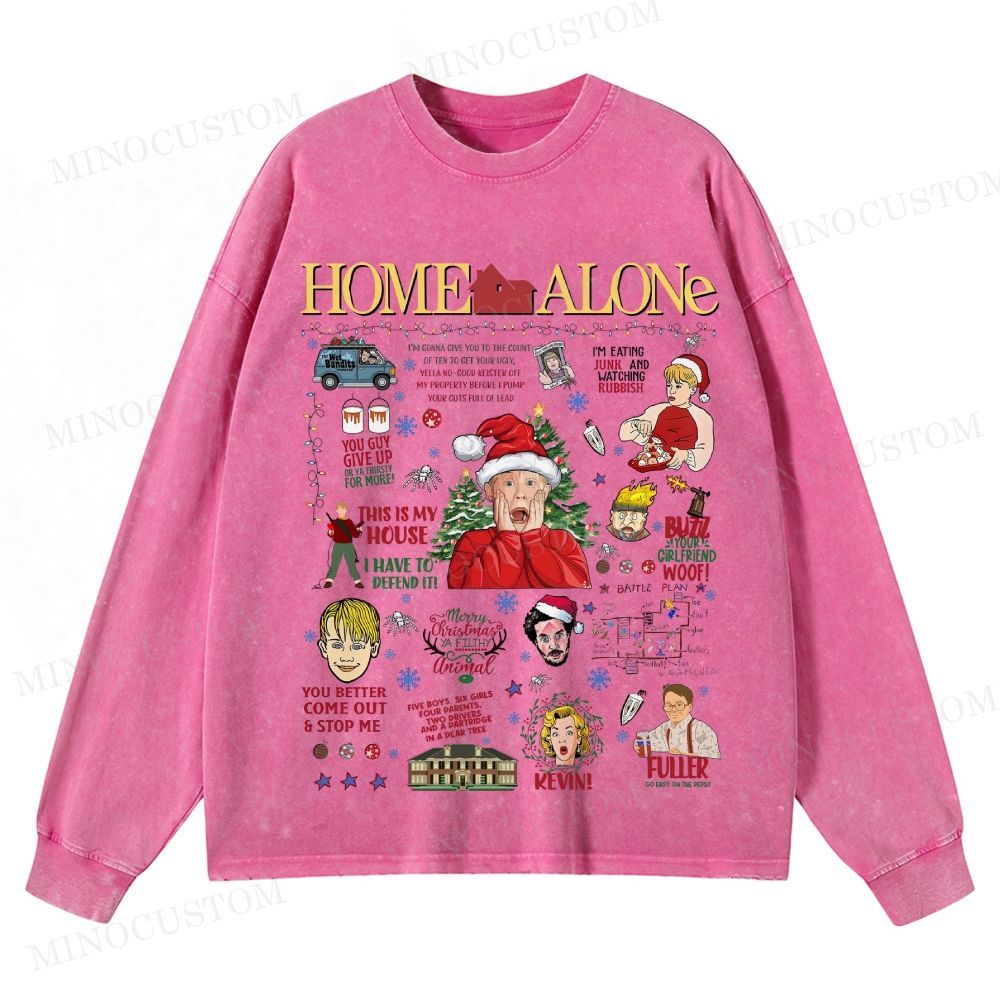 Home Alone Family Comedy Retro Collage Graphic Washed Long-Sleeved T-Shirt