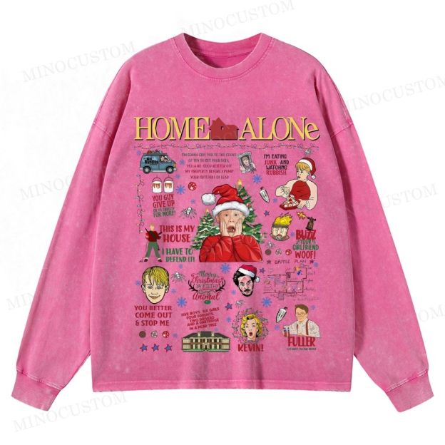 Home Alone Family Comedy Retro Collage Graphic Washed Long-Sleeved T-Shirt