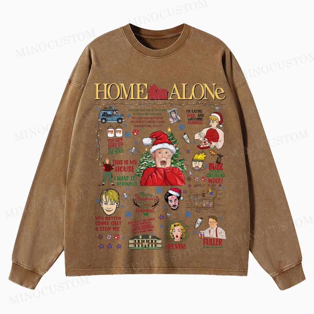 Home Alone Family Comedy Retro Collage Graphic Washed Long-Sleeved T-Shirt