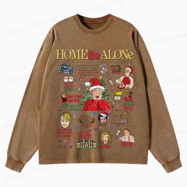 Home Alone Family Comedy Retro Collage Graphic Washed Long-Sleeved T-Shirt