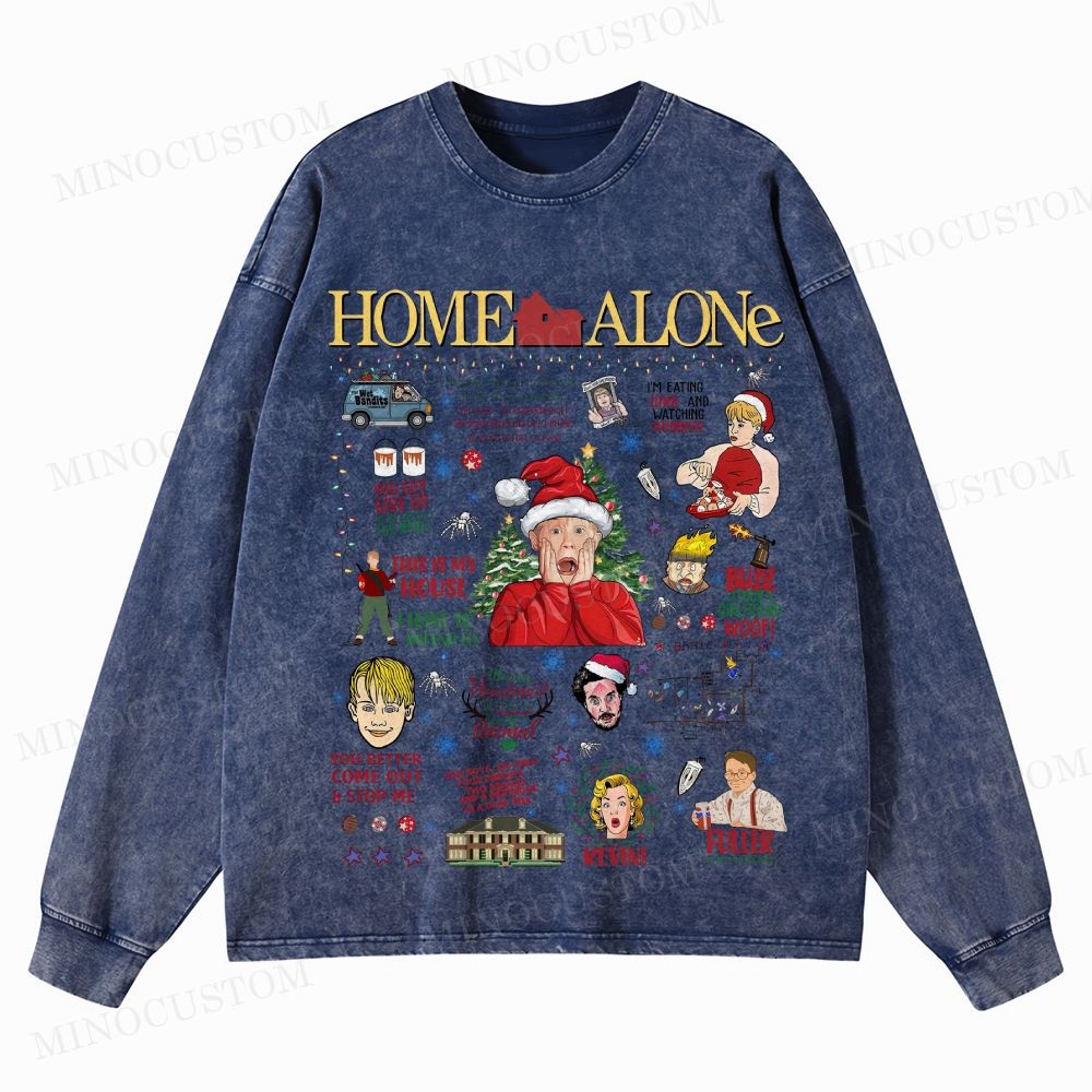 Home Alone Family Comedy Retro Collage Graphic Washed Long-Sleeved T-Shirt
