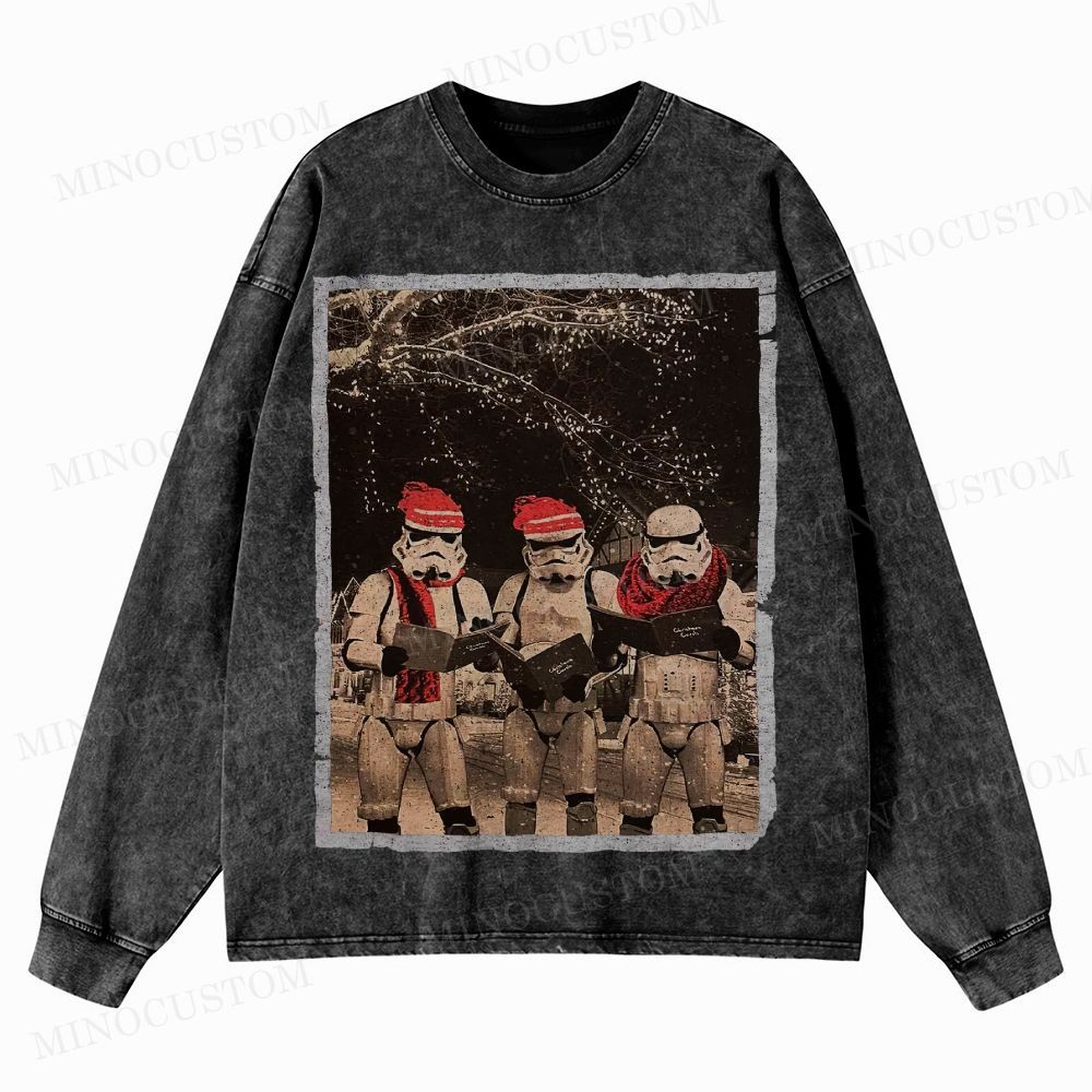 Vintage Santa Stormtroopers Christmas Photos  Washed Long-Sleeved T-Shirt 