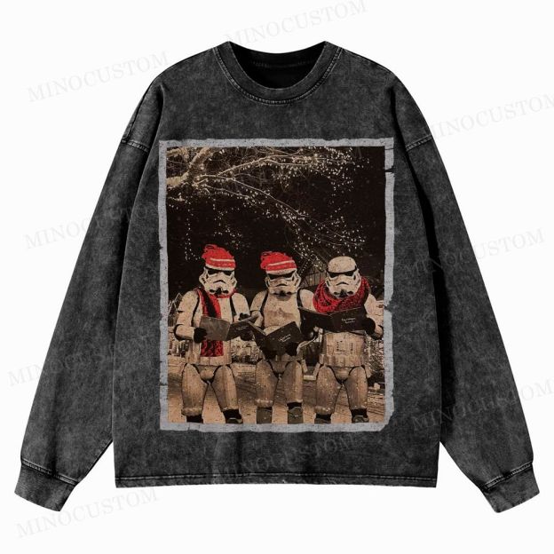 Vintage Santa Stormtroopers Christmas Photos  Washed Long-Sleeved T-Shirt 
