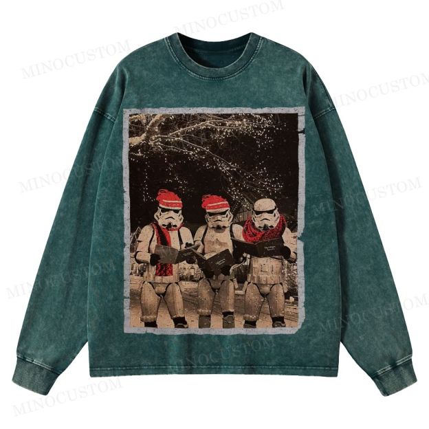 Vintage Santa Stormtroopers Christmas Photos  Washed Long-Sleeved T-Shirt 