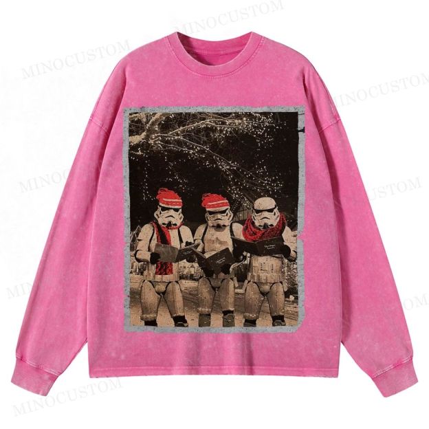 Vintage Santa Stormtroopers Christmas Photos  Washed Long-Sleeved T-Shirt 