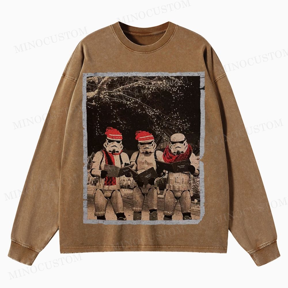 Vintage Santa Stormtroopers Christmas Photos  Washed Long-Sleeved T-Shirt 