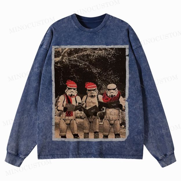 Vintage Santa Stormtroopers Christmas Photos  Washed Long-Sleeved T-Shirt 