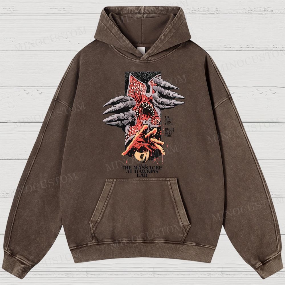 Stranger Things: The Massacre at Hawkins Lab Sci-Fi Horror Retro Art Graphic Washed Hoodies