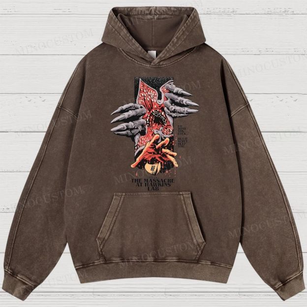 Stranger Things: The Massacre at Hawkins Lab Sci-Fi Horror Retro Art Graphic Washed Hoodies